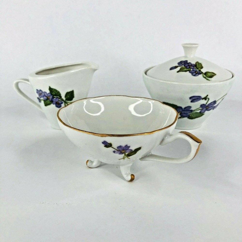 LHS Hutschenreuther Selb Sugar Bowl Creamer Teacup Bavaria Germany Purple Violet